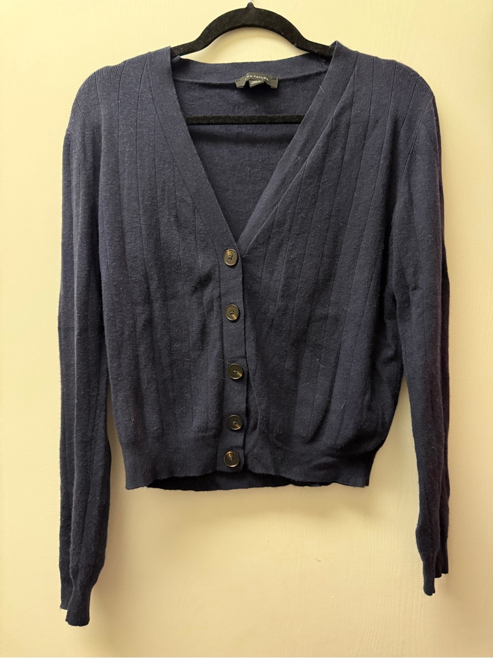 Ann Taylor Navy V-Neck Button Ribbed Cardigan